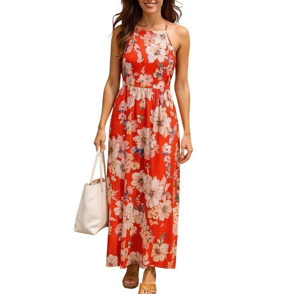 Band of Gypsies Pink Halter Long Maxi Dress with Floral Design